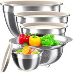 Mixing Bowls with Airtight Lids Set, 4 Stainless Steel Bowls Nesting Bowls & Colander, Kitchen Organizers and Storage Non-Slip Bottom, Size 1.5/2.0/2.5/4.0QT, Great for Mixing & Serving, Khaki