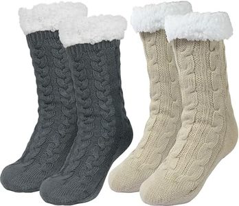 Sooneeya Women Thick Warm Slipper Socks Fuzzy Christmas Slipper Socks with Grips House Reading Sherpa Socks Gift for Women Grey Light Khaki -2 Pairs