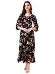 Vendor Villa Black Color Floral Print Stylish Midi Dress for Women (Size:L)