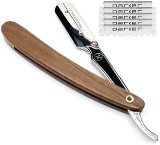 Parker SRDW, Walnut Wood Handle Straight Edge Barber Razor with Stainless Steel Blade Arm for Professionals, 5 Blades included