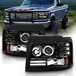 AmeriLite LED Halo Bar Black Projector Replacement Headlights Set For Ford F-150/F250/F350/Bronco - Passenger Right and Driver Left Side