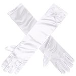 Flower Girls Gloves, Children Long Satin Gloves with Bowknot, Princess Prom Gloves for Wedding Communion Fancy Dress Party Cosplay Performance Drama Evening Ball in 4 Colours (Pure white)