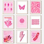 GENSTEUO 9Pcs Cute Preppy Room Decor Aesthetic, Wall Art, Posters Paintings, Cute Pictures Prints for Bedroom Dorm Decorations, Pink Wall Collage (8x10 UNFRAMED)