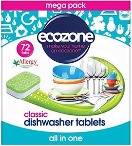 EcoZone Classic All-In-One Dishwasher Tablets, Effective Cleaning Formula Cuts Through Grease & Grime, Natural Vegan & Non Toxic Tabs, Plant Based Plastic-Free, Leaves No Residue (Box of 72 Capsules)