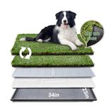 HQ4us Dog Grass Pad with Tray Large 34”×23” Dog Litter Box Toilet with 2×Artificial Grass for Dogs with Reinforced Hemmed Edge, Pee Pads for Dogs, Realistic, Less Stink, Potty for Balcony
