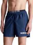 Calvin Klein Men Swim Trunks Medium Double Mid-Length, Blue (Signature Navy), S