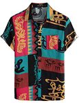 LucMatton Men's Linen African Traditional Floral Print Short Sleeve Button Down Hawaiian Shirts Yellow Blue Large