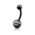 Belly Bars Navel Button Ring Body Piercing Jewellery Bar with Crystal Ball Surgical Steel 14G (Black, 2 x Crystals Balls)