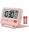 MeesMeek Digital Travel Alarm Clock: Small Bedside LCD Clock with Date Temperature Snooze Backlight 12/24H Weekend Mode and 2 Volume, Desk Clock for Kids Office Bedroom, Battery Included (Pink)