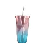 CARTSHOPPER 550ML Straw Cup Creative Gradient Water Cup Stainless Steel Cup Straw Drinking Bottle Home School Office Diamond Shape Double Wall Tumbler with Straw Car Coffee Mug