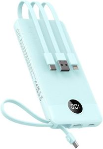 VEEKTOMX Power Bank 10000mAh Powerbank con Cavi Integrati Caricatore Portatile USB C Batteria Esterna con 5 Uscite e 2 Ingressi Compatibile con iPhone Samsung Huawei Xiaomi iPad Switch (Blu)