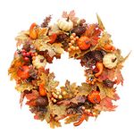 Artificial Autumn Wreath Decorations Front Door with Maple Leaf,Harvest Front Door Wreath with Pumpkin Acorn Berries,Halloween Wreath Outdoor Ornaments for Home Bedroom Wall Party and Thanksgiving