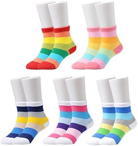 Epeius Kids Girls' 5 Pack No Seam Rainbow Stripes Crew Socks for 6-8 YearsShoe Size 11-1