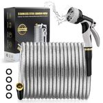 Garden Hose- 100Ft Metal Hose,Stainless Steel Heavy Duty Water Hoses with 10 Function Nozzle,Outdoor Hose,Leak Proof,Puncture Resistant, Flexible,Never Kink & Tangle