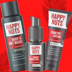 Happy Nuts Comfort Bundle - Comfort Cream Body Wash and Powder Spray - Anti-Chafing Sweat Defense and Men's Shower Body Wash