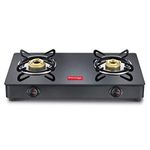 Prestige IRIS Toughened Glass-Top 2 Brass Burner LPG Gas Stove | Black | Spill Proof | Ergonomic Knobs | Tri-Pin Brass Burners |Open