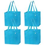 VENO 4 Pack Reusable Grocery Shopping Bag Foldable, Sac Reutilisable Epicerie, Grocery Tote Bag w/Hard Bottom, Multipurpose Utility Tote Bag (Cyan, 4 Pack)