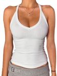 Danysu V Neck Racerback Tank Top for Women with Built in Bra Ribbed Long Tank Fitted Basic Cami Tops Angel White M