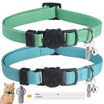 WROSWT Upgrade Breakaway Cat Collar with Bells, Soft Leather Kitten Collars with Name Tag,Safety Adjustable Buckle,Lightweight,Ideal for Girl Boy Cats,Puppies,2 Pack (Green+Blue)