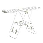 SONGMICS Clothes Airer, Foldable Clothes Drying Rack, Clothes Horse with Height-Adjustable Wings, Free-Standing Laundry Drying Rack, Indoor and Outdoor Use, Steel, White and Green LLR502C01