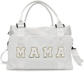 Chenille Letter Duffle Bag, Mama Bag With Patches, Nylon Chenille Letter Embroidered Travel Bag, Lightweight Adjustable Mom Hospital Bag With Zipper for Mothers Day Gifts, White