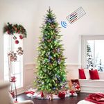 Alupssuc 6ft Pencil Artificial Hinged Christmas Tree Prelit with Remote Control, 300 Multi-Color Changing RGB Lights and 1600 PE & PVC Branch Tips, Perfect Choice for Xmas Decoration, Base, Slim, 6 FT