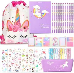 TOYESS Unicorno Regalo di Cancelleri per Bambina 6 7 8 9 10 11 12 Anni, Unicorno Set di Giocattoli per Ragazze, include Astuccio y Penne Colorate y Matite y Quaderni y Adesivi Ecce(32pz)