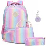 A AM SeaBlue School Bag for Girls Rainbow Glitter Backpack 3 in 1 Schoolbag Set Teenager Rucksack Colorful Gradient Bag Bling Casual Daypack