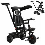 Qaba Tricycle for Toddler 5 in 1 Kids Trike, Converts Stroller to Toddler Bike, Adjustable Backrest & Flat Canopy, Detachable Guardrail & Handle for 1-5 Years Old, Black