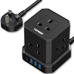 20W PD3.0 USB-C Cube Extension Lead 2M, TOPREK 5 Way (13A/3250W) Multi Plug Extension Socket + 4 USB Slots+1 Switch, Child Safety UK Desktop Extension Cable for Home Dorm Office Travel