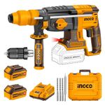 INGCO 20V Cordless Brushless Hammer Drill, 26mm in Concrete, 2.5 J, 4IN1 Function, 5000 BPM, With 2Pcs 4.0Ah Battery And Charger, Packed by Carrying Case
