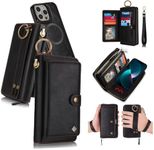 LITOU Compatible with iPhone 16 Pro Max Phone Case Wallet for Women Men,Detachable Magnetic,RFID Blocking Card Holder,Wristlets Zipper Leather Flip Wallet Case for iPhone 16 Pro Max.Black