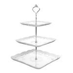 MALACASA, Series Sweet.Time, 14.5" Tall 3 Tier Cake Stands (6" & 8.2" & 10") Square Ceramic Dessert Cake Tower Stand, Porcelain Party Food Server Display Holder with Golden Carry Handle, White