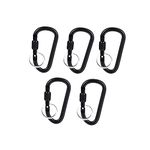 Stealodeal Black Carabiner Aluminium Screw Locking Spring Clip Hook Outdoor D Shaped with Silver Keyring (Pack of 5)