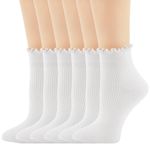 Yawlsow Women's Ruffle Socks, 6Pairs Cute Frilly Ankle Turn-Cuff Casual Socks, Frilly Edged, Knit Cotton Lettuce Crew sock, White Ankel, One Size