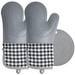 Silicone Oven Mitts & Pot Holder Set, 500℉ Heat Resistant Non-Slip Kitchen Oven Gloves 13.2'' Long Oven Mittens with Soft Cotton Lining for Cooking, Baking, BBQ, and Grilling -1 Pair, Grey