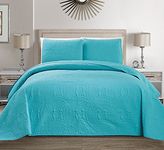 Mk Collection 3 pc king/California King Solid Embossed Bedspread Bed-cover Over size Baby Blue/Turquoise 118" X 106" New