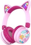 iClever Kids Bluetooth Headphones, Light Up Cat Ear, Safe Volume 74/85dBA,60H Playtime,Bluetooth 5.3,USB C Charging,Wireless Kids Headphones AUX Cord for iPad Tablets School Travel, Meow Cookies-Pink