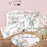 Custom Nursery Crib Bedding Set: Personalized Nursery Decor Baby Blanket Fitted Crib Sheet Changing Pad Cover Baby Room Rug Rose Flowers Elephant Pattern Gift Idea(Fixed Size)