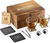 Mixology Glass & Whiskey Stones Set – Two 10oz Glasses w/ 2 Stainless Steel Balls Wooden Box - Bourbon Gifts for Men, Dad, Husband, Boyfriend, Groomsmen, Birthday Ideas﻿