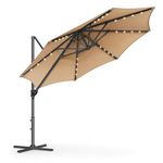 SONGMICS Garden Parasol Umbrella 3 m, 28 Solar Powered LED Lights, UPF 50+ Parasol Outdoor Patio Umbrella, 360° Swivel, Seamless Tilt, Crank for Opening Closing, with Cross Base, Camel Brown GPU047K11