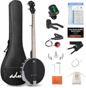 ADM Banjo Open Back 5 String Full Size Clawhammer Banjoe Beginner Kit with Remo Head, Maple Banjo with Geared 5th Tuner, Black