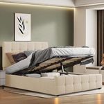 Blisswood Upholstered Ottoman Bed, 4ft6 Double Bed Frame UKFR Velvet Ottoman Storage Bed With Gas Lift End Opening Wooden Slats With Storage Bed (4ft6 Double, Beige – No Mattress)