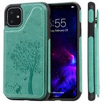 Case for iPhone 11 Apple 6.1,TACOO Leather Card Cash Slot Protective Cover Durable Shell Kickstand Soft Unisex Boy Girl ID Window Men Women Green