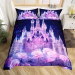 Erosebridal Purple Pink Princess Twin Bedding Set for Girls Kids,Romantic Rose Floral Duvet Cover for Women,Magical Castle Comforter Cover Kawaii Room Decor,Snowflake Flowers Bed Set 2Pcs