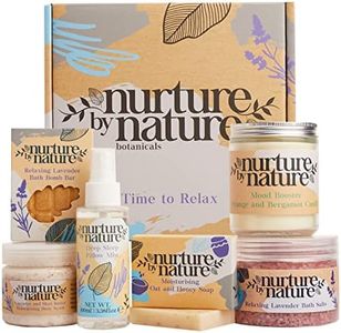 Nurture by Nature RELAX & CALM Spa Kit, Spa Gift Baskets For Women - Complete Bath Sets for Women Gift - Lavender Pillow Mist, Bath Salts, Soap, Bath Bomb, Candle, Body Scrub - Self Care Gift Basket