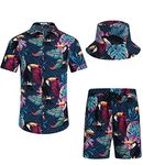 EISHOPEER Men's Hawaiian Shirt and Short 2 Piece Outfits Sets Casual Button Down Beach Floral Shirts Suits with Bucket Hats Multicolored Large