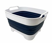 SAMMART 7.5L Collapsible Dishpan with Draining Plug - Foldable Washing Basin - Portable Dish Washing Tub - Space Saving Kitchen Storage Tub (White/Indigo)