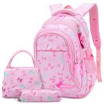 3PCS School Backpack for Girls, Kids Bookbags Set Primary Girls Students (Daypack + Lunch Bag + Pencil Case)(Pink)