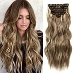 NAYOO Clip in Hair Extensions for Women 20 Inch Long Wavy Curly Medium Brown Ash Blonde Hair Extension Full Head Synthetic Hair Extension Hairpieces (6PCS, Medium Brown Ash Blonde)